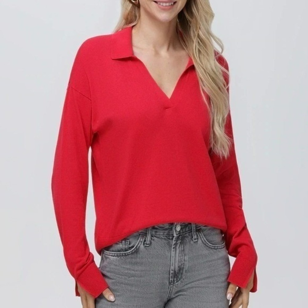 525 America NEW Cherry Red Maddi Johnny Collar V-neck Sweater SZ XL Nautical